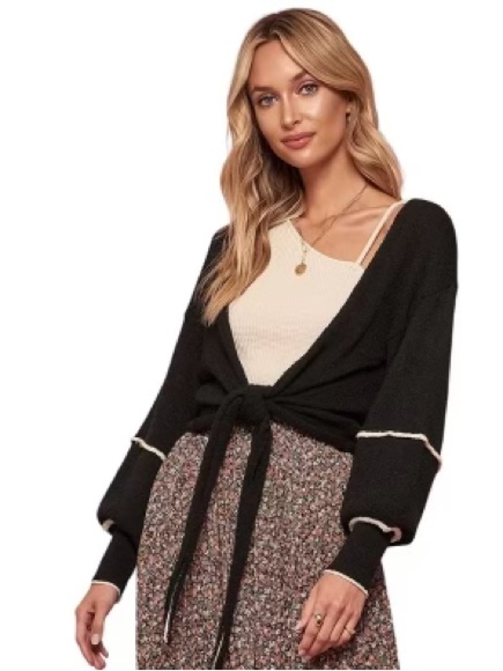 Promesa Black Tie-Front Knit Cardigan with Cream Trim Women’s Size S
